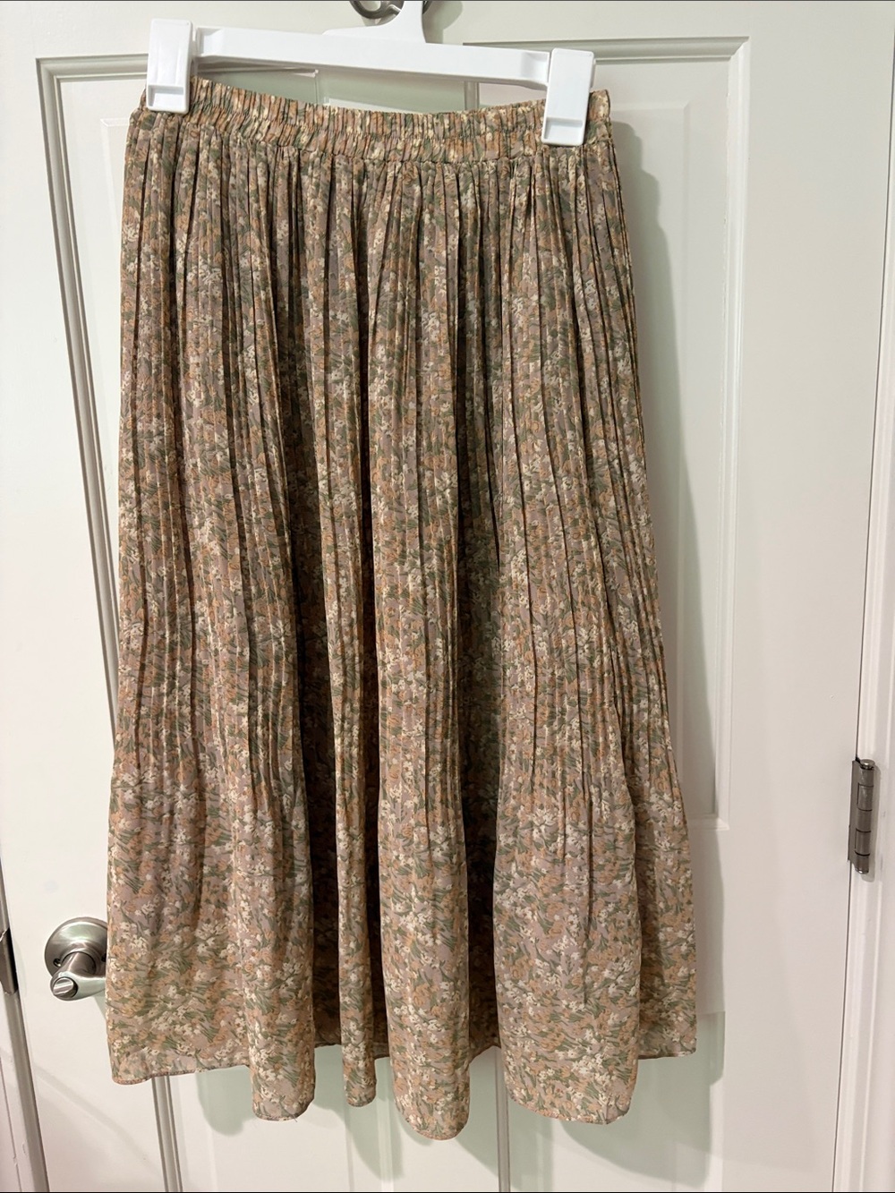 Mikarose Olive Tan Floral Pleated Midi Skirt